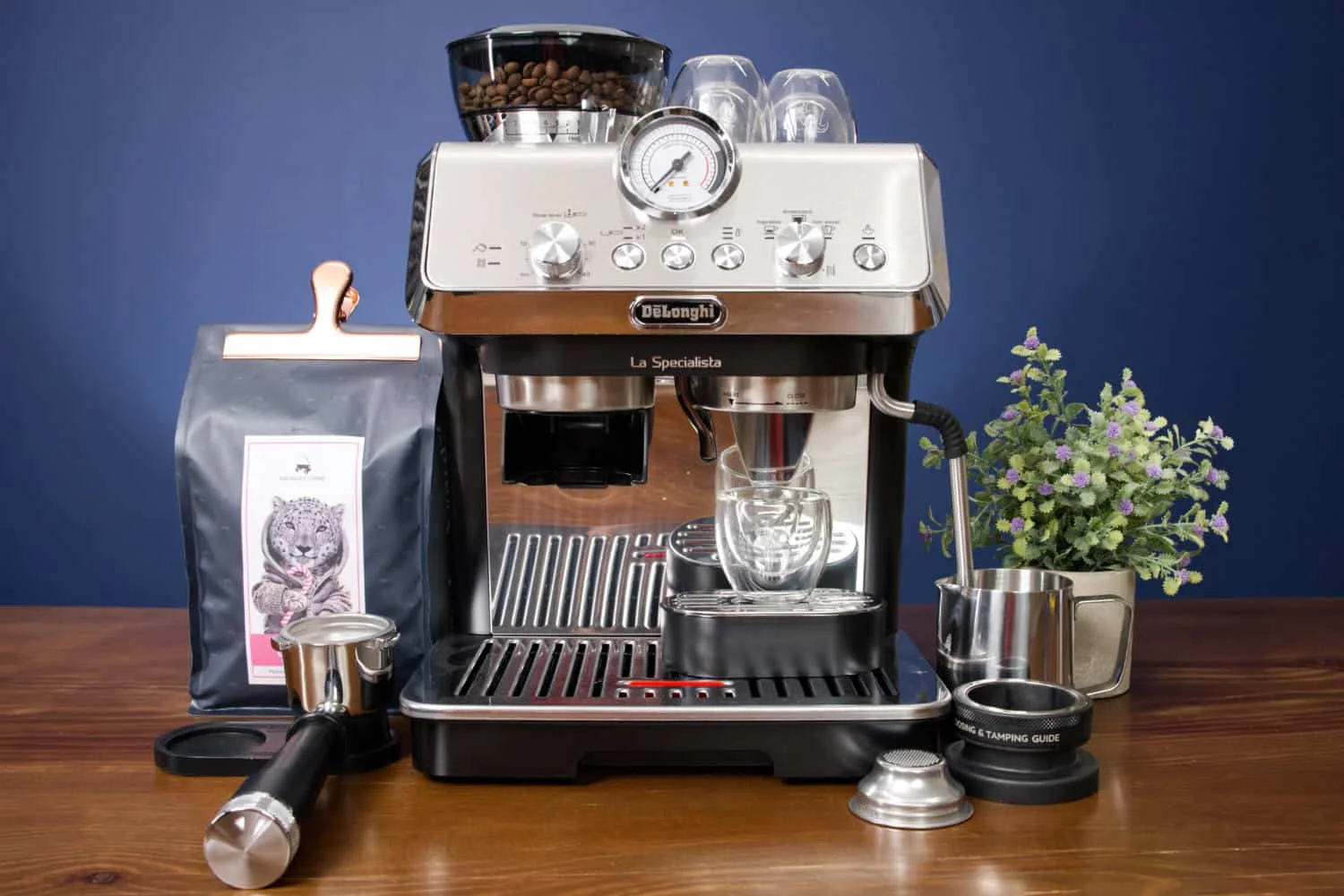 Coffee maker with grinder on a kitchen counter